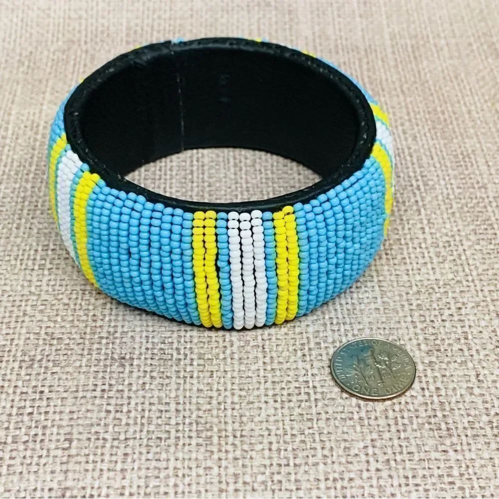 Blue White yellow Wide Seed Bead Bangle Bracelet